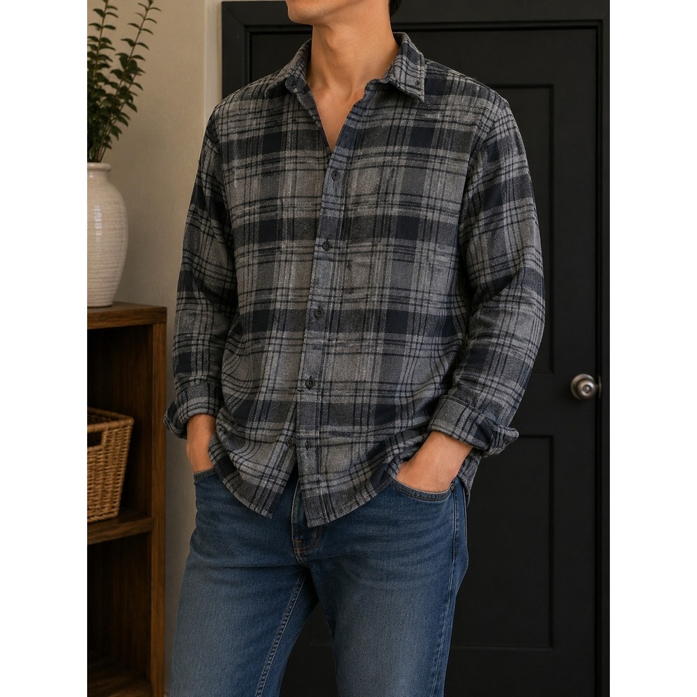 North Face Mens Flannel Shirt Gray Black Plaid Long Sleeve Button Down Size M